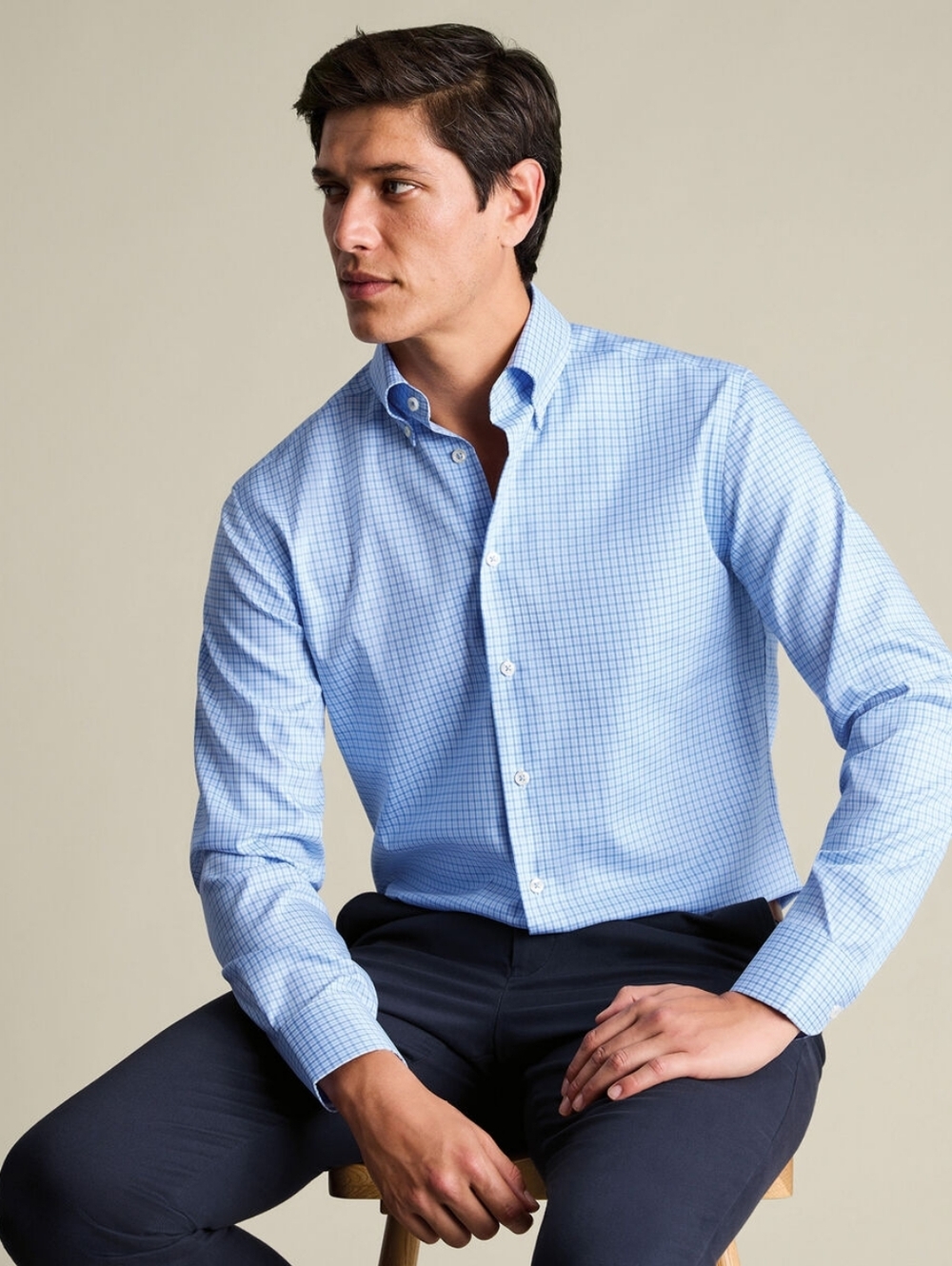 Charles Tyrwhitt Light Blue Windowpane Dress Shirt - CLASSIC - 16.5 NECK - Picture 11 of 11